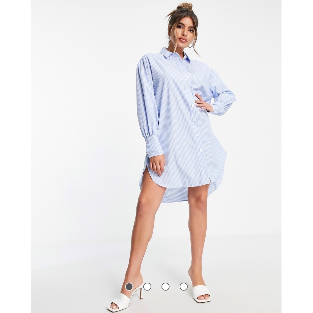 ASOS DESIGN Blue White Striped Oversized Mini Shirt Dress Long Puff Sleeve US 6